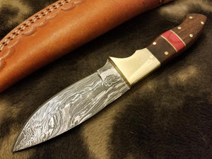 BushCraft Damascus Knife with Brass Guard & Walnut Wood With Red Spacer Scale - SUSA KNIVES