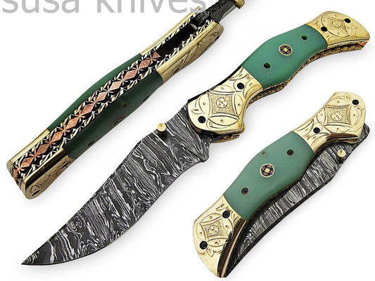 Beautiful Newly Design Custom Hand Made Damascus Steel Hunting Pocket Knife - SUSA KNIVES