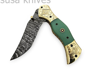 Beautiful Newly Design Custom Hand Made Damascus Steel Hunting Pocket Knife - SUSA KNIVES