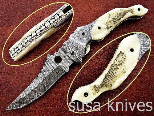 Beautiful Newly Design Custom Hand Made Damascus Steel Hunting Pocket Knife - SUSA KNIVES