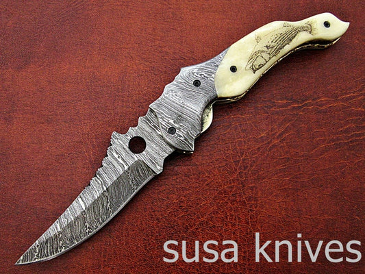Beautiful Newly Design Custom Hand Made Damascus Steel Hunting Pocket Knife - SUSA KNIVES