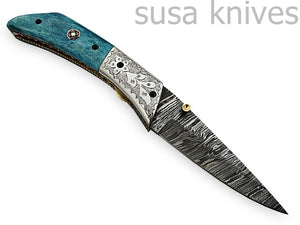 Amazing Hand Made Damascus Steel Hunting Pocket Knife/Folding Knife With Liner Lock/Christmas Gift/Anniversary Gift - SUSA KNIVES