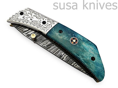 Amazing Hand Made Damascus Steel Hunting Pocket Knife/Folding Knife With Liner Lock/Christmas Gift/Anniversary Gift - SUSA KNIVES