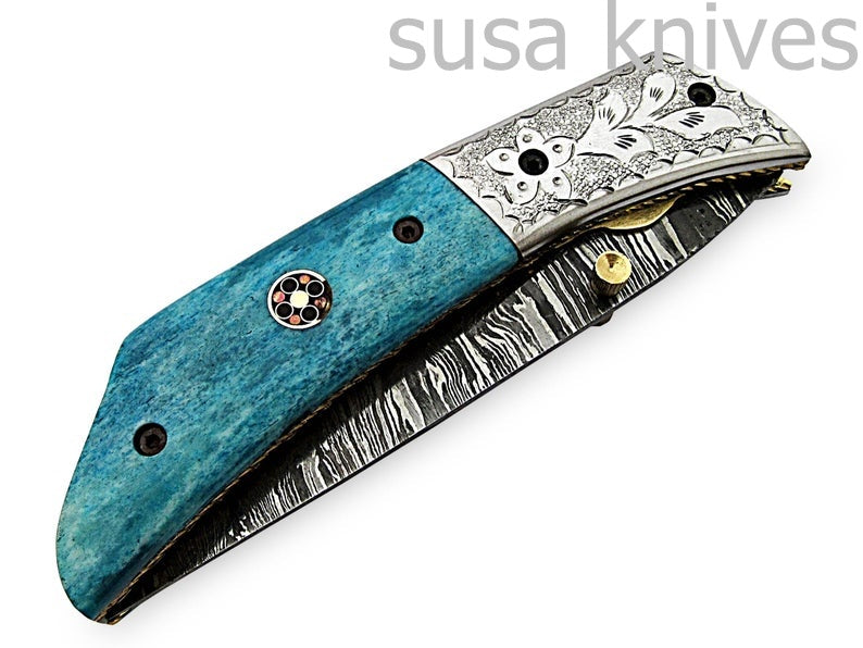 Amazing Hand Made Damascus Steel Hunting Pocket Knife/Folding Knife With Liner Lock/Christmas Gift/Anniversary Gift - SUSA KNIVES