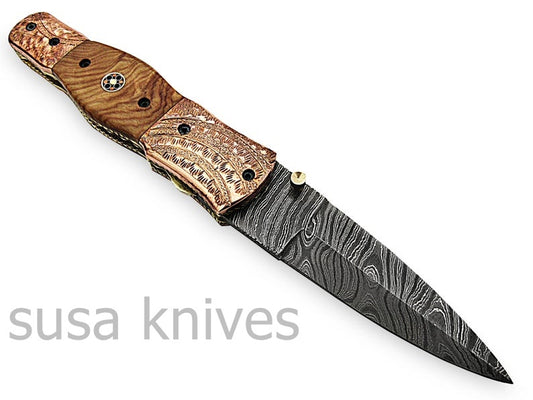 Beautiful Newly Design Custom Hand Made Damascus Steel Hunting Pocket Knife - SUSA KNIVES