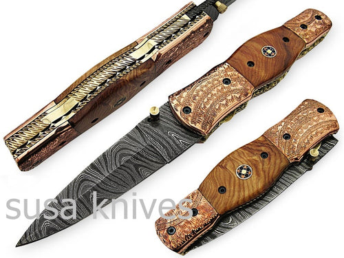 Beautiful Newly Design Custom Hand Made Damascus Steel Hunting Pocket Knife - SUSA KNIVES