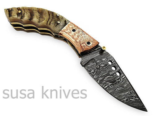 Amazing Hand Made Damascus Steel Hunting Pocket Knife/Folding Knife With Liner Lock/Christmas Gift/Anniversary Gift - SUSA KNIVES