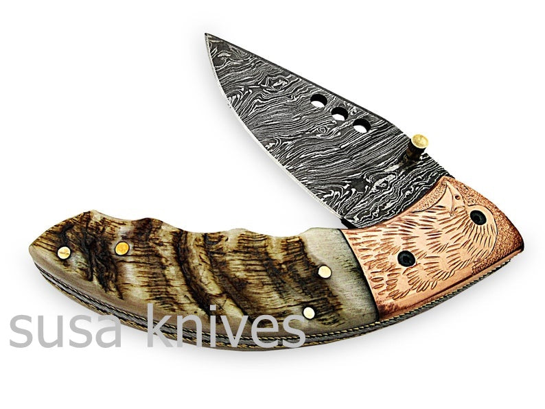 Amazing Hand Made Damascus Steel Hunting Pocket Knife/Folding Knife With Liner Lock/Christmas Gift/Anniversary Gift - SUSA KNIVES
