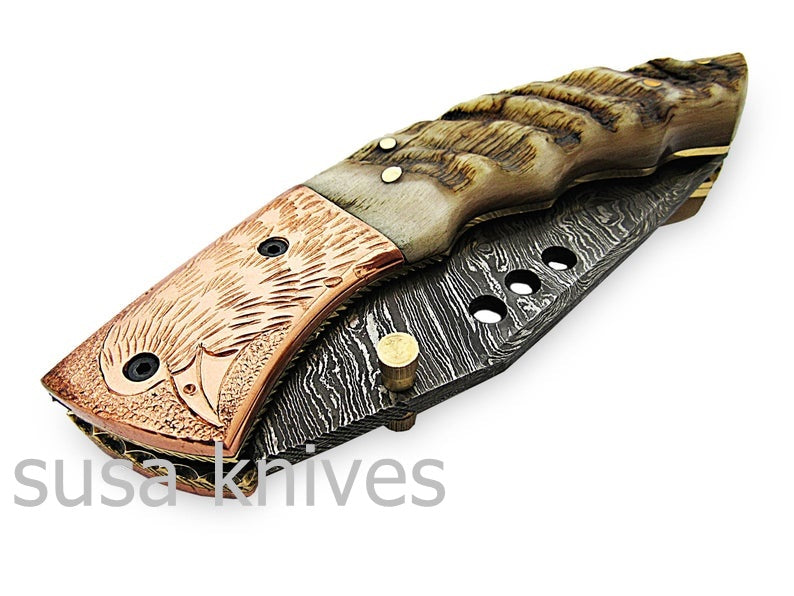 Amazing Hand Made Damascus Steel Hunting Pocket Knife/Folding Knife With Liner Lock/Christmas Gift/Anniversary Gift - SUSA KNIVES
