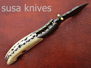 Newly Design Custom Hand Made Damascus Steel Hunting Pocket Knife/Folding Knife with Scrimshaw/Easter Gift/Anniversary Gift - SUSA KNIVES