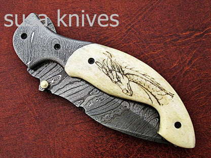 Newly Design Custom Hand Made Damascus Steel Hunting Pocket Knife/Folding Knife with Scrimshaw/Easter Gift/Anniversary Gift - SUSA KNIVES