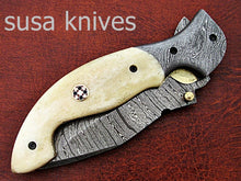 Load image into Gallery viewer, Newly Design Custom Hand Made Damascus Steel Hunting Pocket Knife/Folding Knife with Scrimshaw/Easter Gift/Anniversary Gift - SUSA KNIVES
