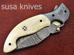 Newly Design Custom Hand Made Damascus Steel Hunting Pocket Knife/Folding Knife with Scrimshaw/Easter Gift/Anniversary Gift - SUSA KNIVES