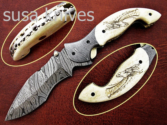 Newly Design Custom Hand Made Damascus Steel Hunting Pocket Knife/Folding Knife with Scrimshaw/Easter Gift/Anniversary Gift - SUSA KNIVES