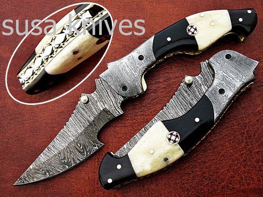 Beautiful Newly Design Custom Hand Made Damascus Steel Hunting Pocket Knife - SUSA KNIVES