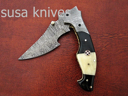 Beautiful Newly Design Custom Hand Made Damascus Steel Hunting Pocket Knife - SUSA KNIVES
