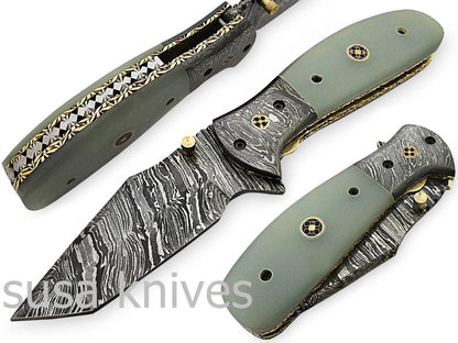 Beautiful Newly Design Custom Hand Made Damascus Steel Hunting Pocket Knife - SUSA KNIVES