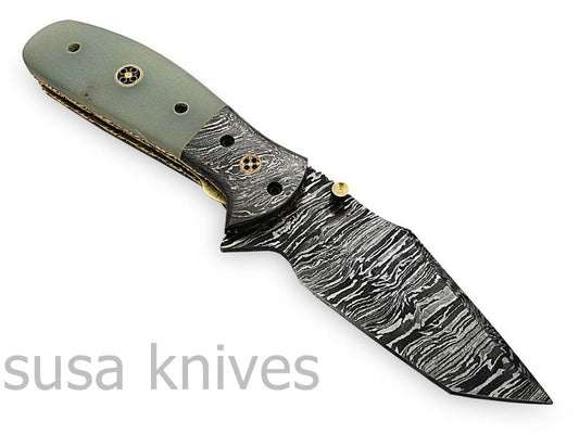 Beautiful Newly Design Custom Hand Made Damascus Steel Hunting Pocket Knife - SUSA KNIVES