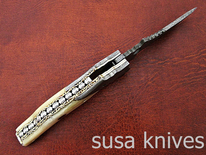 Beautiful Newly Design Custom Hand Made Damascus Steel Hunting Pocket Knife - SUSA KNIVES