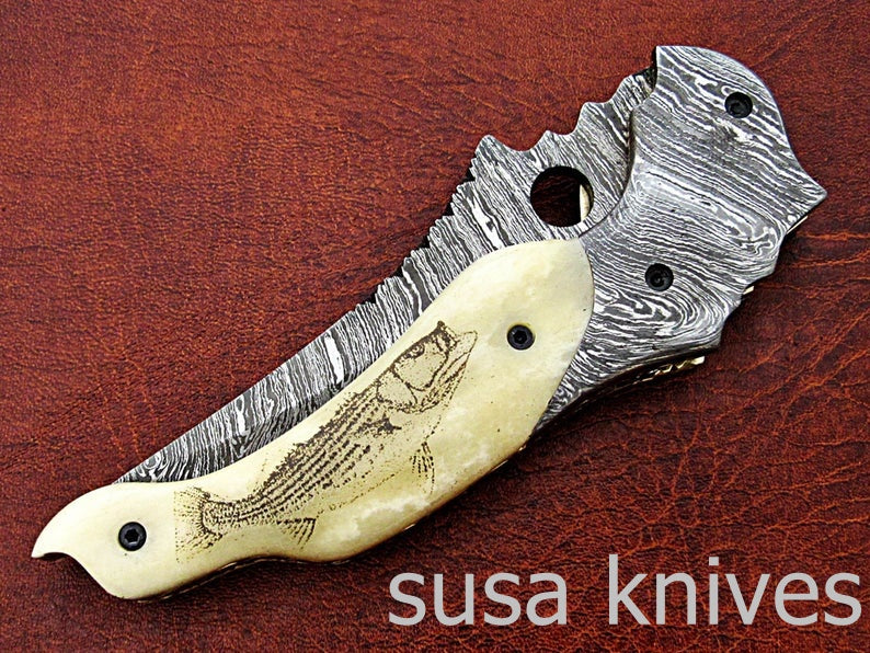 Beautiful Newly Design Custom Hand Made Damascus Steel Hunting Pocket Knife - SUSA KNIVES