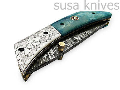 Amazing Hand Made Damascus Steel Hunting Pocket Knife/Folding Knife With Liner Lock/Christmas Gift/Anniversary Gift - SUSA KNIVES