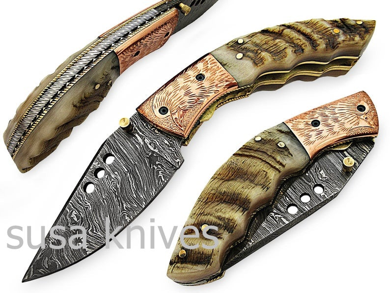 Amazing Hand Made Damascus Steel Hunting Pocket Knife/Folding Knife With Liner Lock/Christmas Gift/Anniversary Gift - SUSA KNIVES