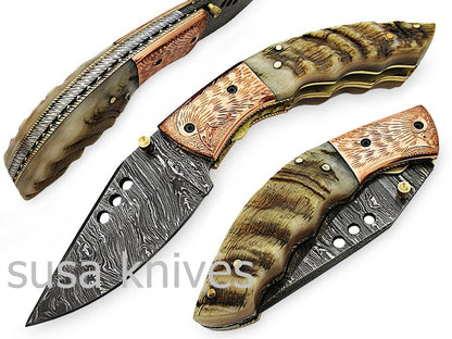 Amazing Hand Made Damascus Steel Hunting Pocket Knife/Folding Knife With Liner Lock/Christmas Gift/Anniversary Gift - SUSA KNIVES