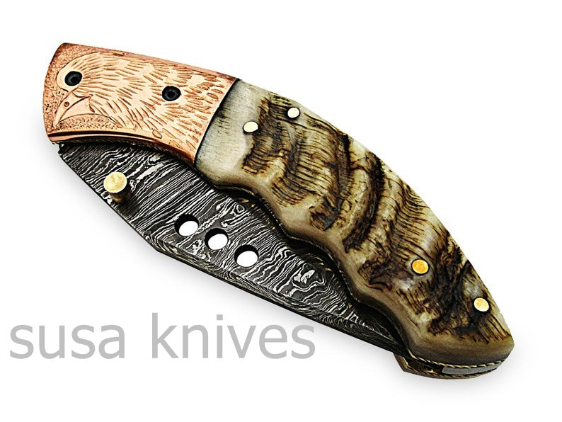 Amazing Hand Made Damascus Steel Hunting Pocket Knife/Folding Knife With Liner Lock/Christmas Gift/Anniversary Gift - SUSA KNIVES