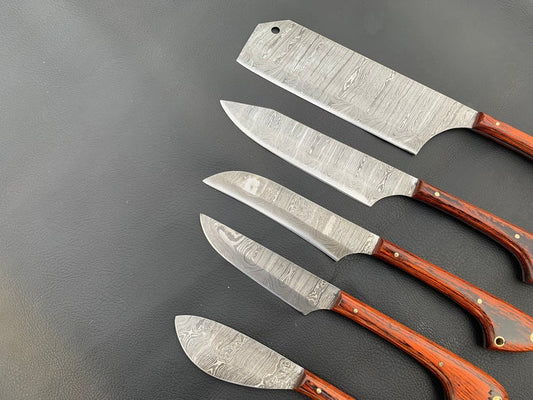 5-Pcs Damascus Steel Chef Knife Set/Kitchen Knife set With Leather roll Bag/Gift for her/Birthday Gift/Kitchen and dinning/Chopper - SUSA KNIVES