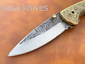 Beautiful Newly Design Hand Made D2 Steel Hunting Engrave Pocket Knife/Folding knife With Liner Lock/valentine Gift/Gift for him - SUSA KNIVES