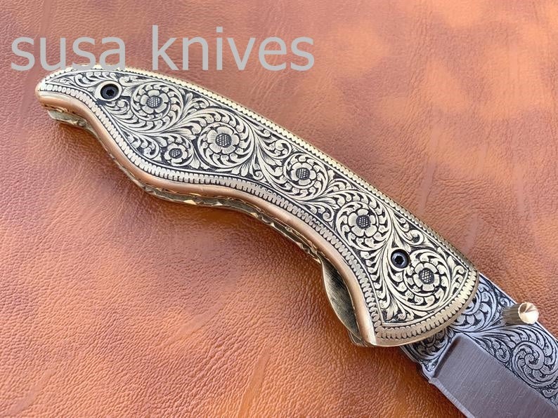 Beautiful Newly Design Hand Made D2 Steel Hunting Engrave Pocket Knife/Folding knife With Liner Lock/valentine Gift/Gift for him - SUSA KNIVES