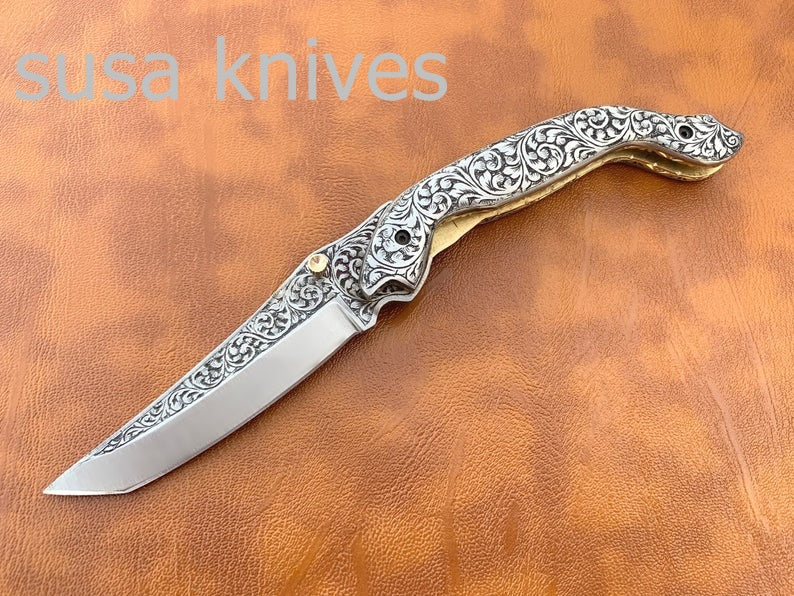 Newly Design Hand Made D2 Steel Hunting Engrave Pocket Knife/Folding knife With Liner Lock/valentine Gift/Gift for her - SUSA KNIVES