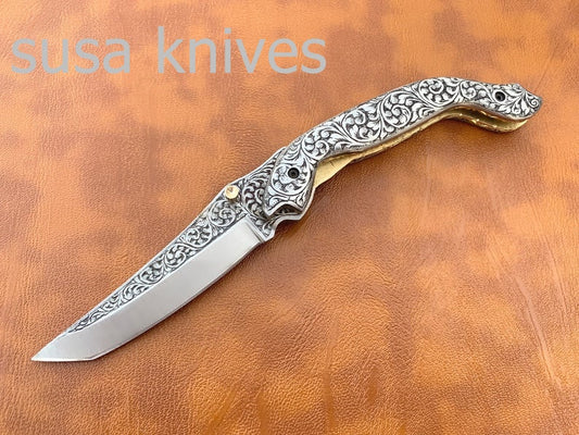 Newly Design Hand Made D2 Steel Hunting Engrave Pocket Knife/Folding knife With Liner Lock/valentine Gift/Gift for her - SUSA KNIVES