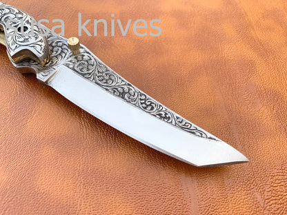 Newly Design Hand Made D2 Steel Hunting Engrave Pocket Knife/Folding knife With Liner Lock/valentine Gift/Gift for her - SUSA KNIVES