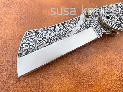Great Gift Beautiful Newly Design Hand Made D2 Steel Hunting Engrave Pocket Knife/Folding knife With Liner Lock/valentine Gift/Gift for him - SUSA KNIVES