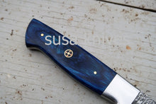 Load image into Gallery viewer, Chef Knife; Twist Pattern Damascus steel, Royal Blue Dyed Rosewood handle - SUSA KNIVES
