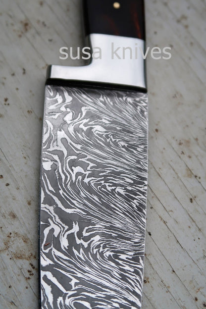 Chef Knife; Twist Pattern Damascus steel, Natural Rosewood handle - SUSA KNIVES