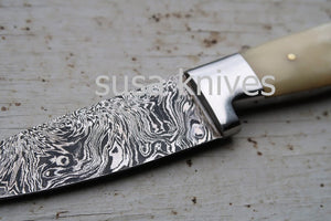 3.5" Bone Chef Knife; Twist Pattern Damascus steel, Natural Bone handle - SUSA KNIVES