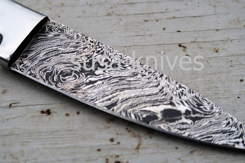 3.5" Bone Chef Knife; Twist Pattern Damascus steel, Natural Bone handle - SUSA KNIVES