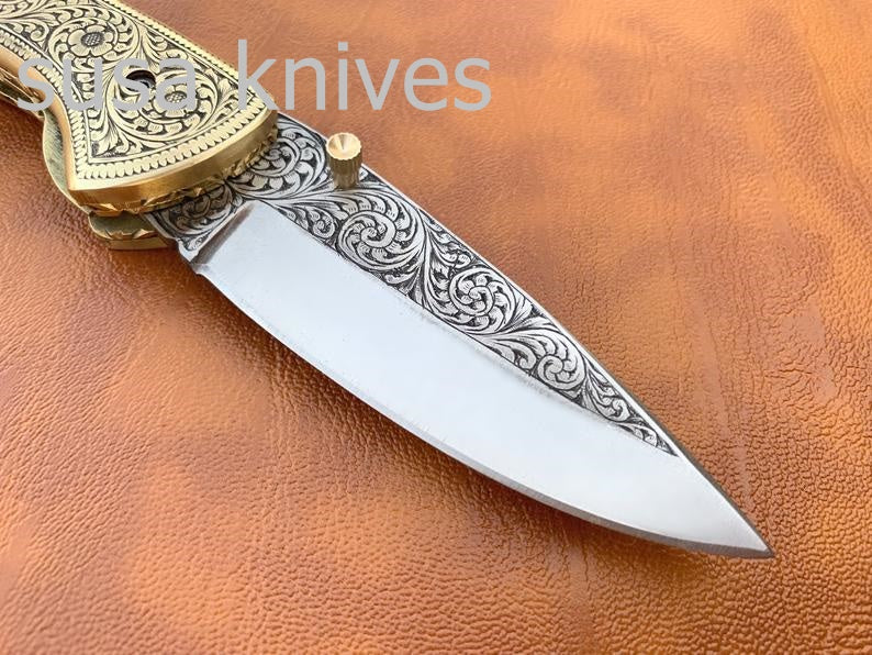 Beautiful Newly Design Hand Made D2 Steel Hunting Engrave Pocket Knife/Folding knife With Liner Lock/valentine Gift/Gift for him - SUSA KNIVES