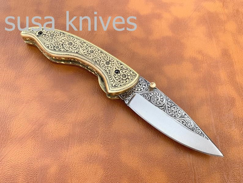 Beautiful Newly Design Hand Made D2 Steel Hunting Engrave Pocket Knife/Folding knife With Liner Lock/valentine Gift/Gift for him - SUSA KNIVES