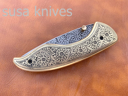 Beautiful Newly Design Hand Made D2 Steel Hunting Engrave Pocket Knife/Folding knife With Liner Lock/valentine Gift/Gift for him - SUSA KNIVES