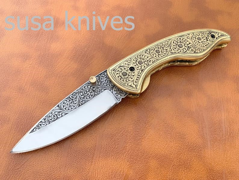 Beautiful Newly Design Hand Made D2 Steel Hunting Engrave Pocket Knife/Folding knife With Liner Lock/valentine Gift/Gift for him - SUSA KNIVES