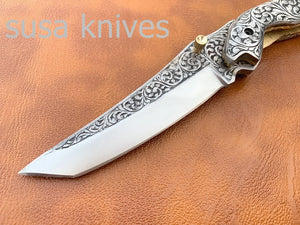 Newly Design Hand Made D2 Steel Hunting Engrave Pocket Knife/Folding knife With Liner Lock/valentine Gift/Gift for her - SUSA KNIVES