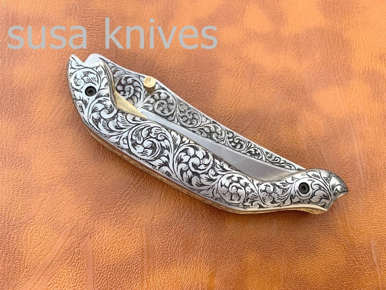 Newly Design Hand Made D2 Steel Hunting Engrave Pocket Knife/Folding knife With Liner Lock/valentine Gift/Gift for her - SUSA KNIVES