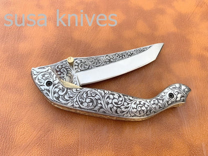 Newly Design Hand Made D2 Steel Hunting Engrave Pocket Knife/Folding knife With Liner Lock/valentine Gift/Gift for her - SUSA KNIVES