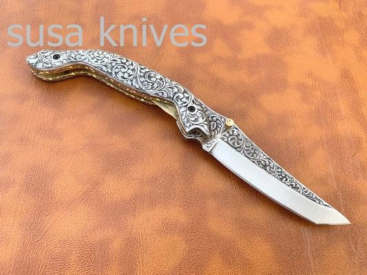 Newly Design Hand Made D2 Steel Hunting Engrave Pocket Knife/Folding knife With Liner Lock/valentine Gift/Gift for her - SUSA KNIVES