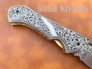 Great Gift Beautiful Newly Design Hand Made D2 Steel Hunting Engrave Pocket Knife/Folding knife With Liner Lock/valentine Gift/Gift for him - SUSA KNIVES