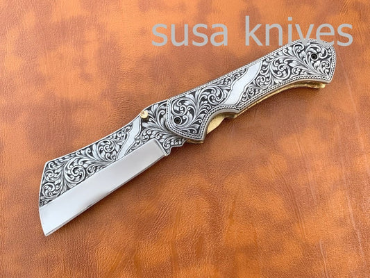 Great Gift Beautiful Newly Design Hand Made D2 Steel Hunting Engrave Pocket Knife/Folding knife With Liner Lock/valentine Gift/Gift for him - SUSA KNIVES