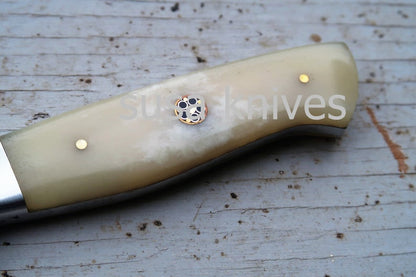 3.5" Bone Chef Knife; Twist Pattern Damascus steel, Natural Bone handle - SUSA KNIVES